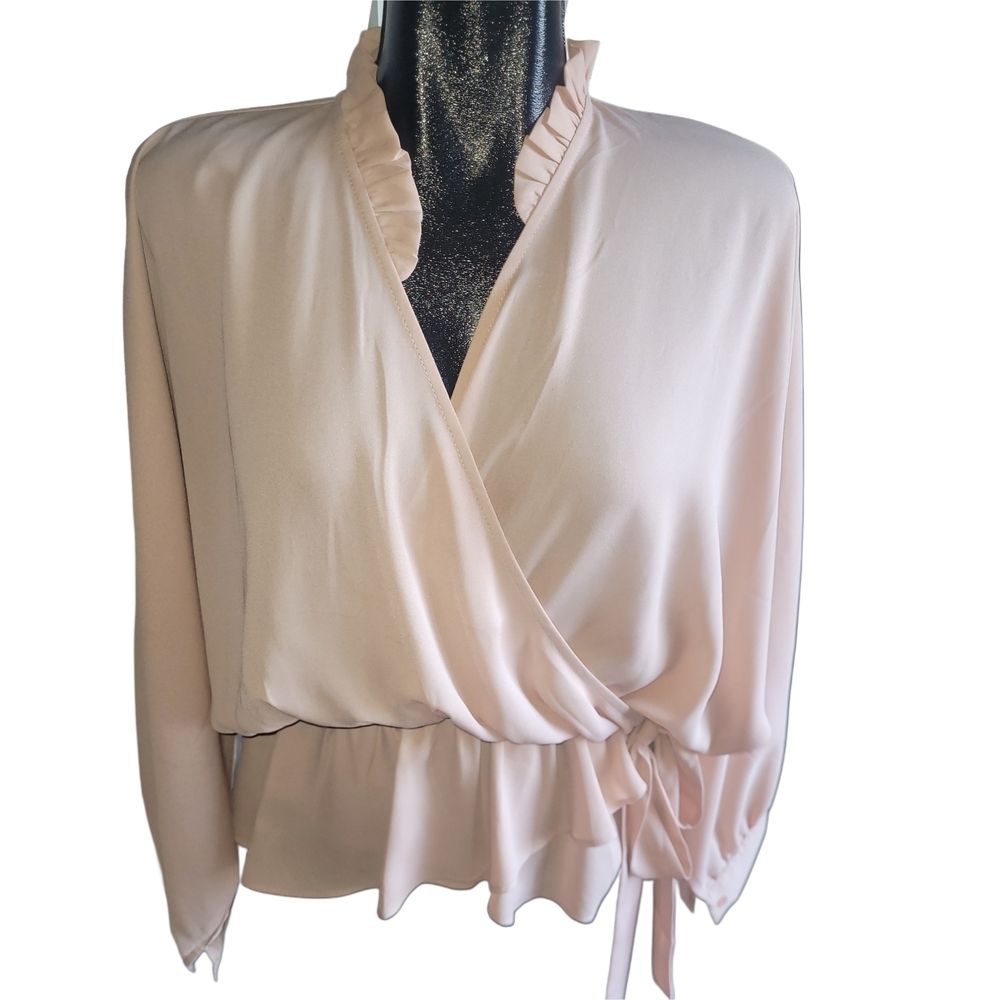 Suzy Shier Light Pink Faux Wrap Ruffled Collar Blouse Size M
